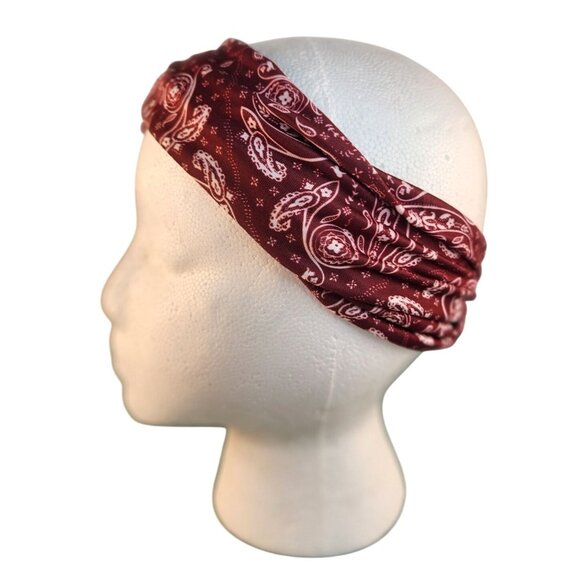 Burgundy Paisley Knit Headwrap Hairband Soft Stretchy Headband Fabric Unisex Swe - Picture 2 of 5